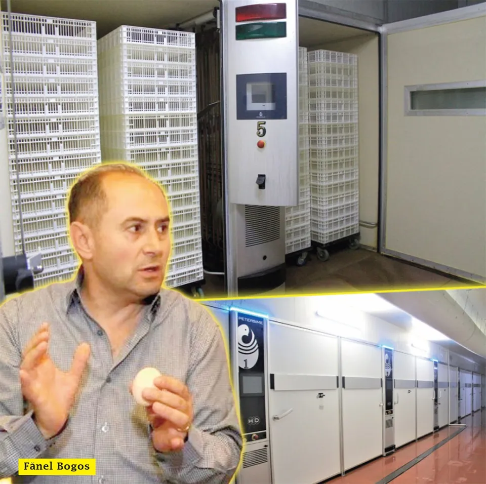 Un bărbat cu cămașă gri stă în prim-plan, în timp ce în fundal se văd rânduri de cuști albe și echipamente industriale de laborator.