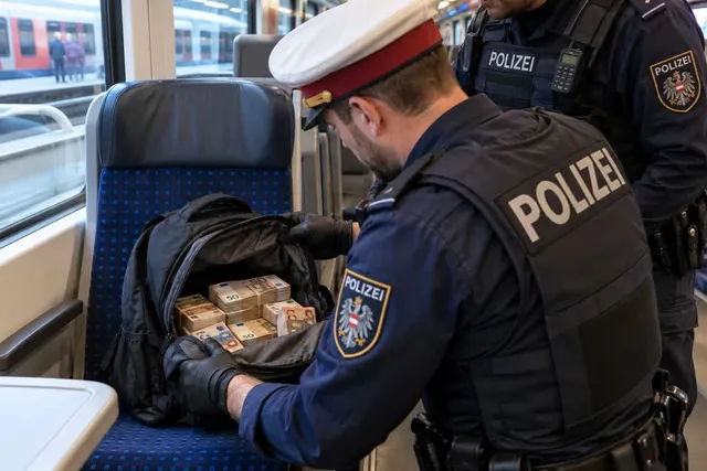 Un polițist în uniformă deschide un rucsac negru pe un scaun de tren, în care se află mai multe teancuri de bancnote.