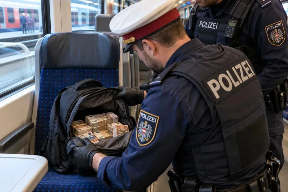 Un polițist în uniformă deschide un rucsac negru pe un scaun de tren, în care se află mai multe teancuri de bancnote.