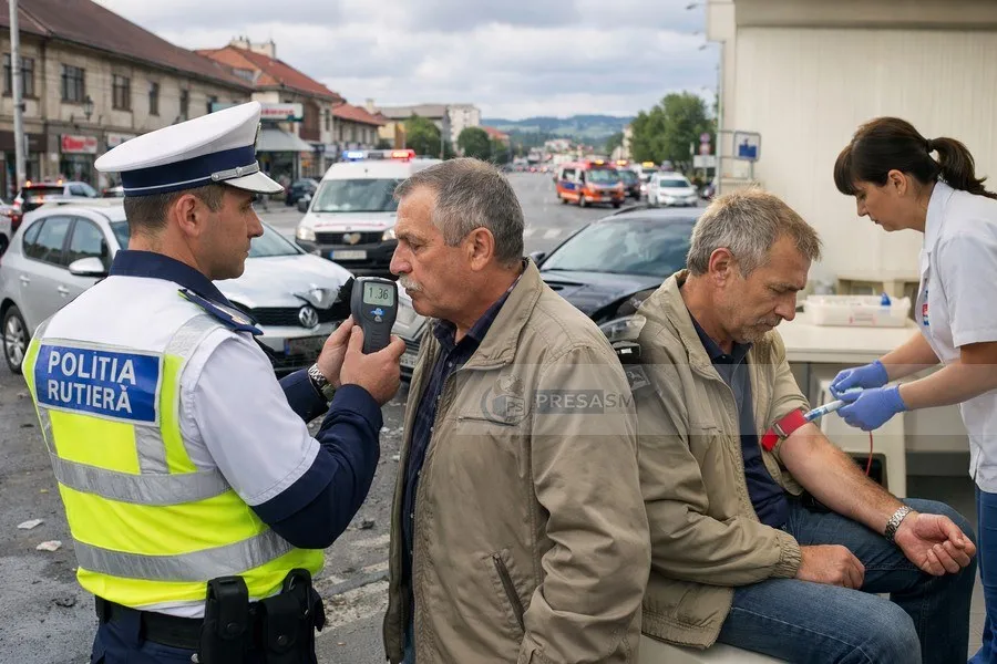 Un polițist în uniformă măsoară nivelul de alcool într-un aparat de testare unui bărbat, în timp ce un alt bărbat stă lângă o femeie.