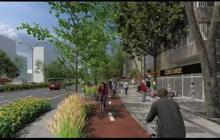 O reprezentare digitală a unui bulevard cu vegetație, o pistă de biciclete roșie și oameni mergând pe o trotuar lângă o cafenea.
