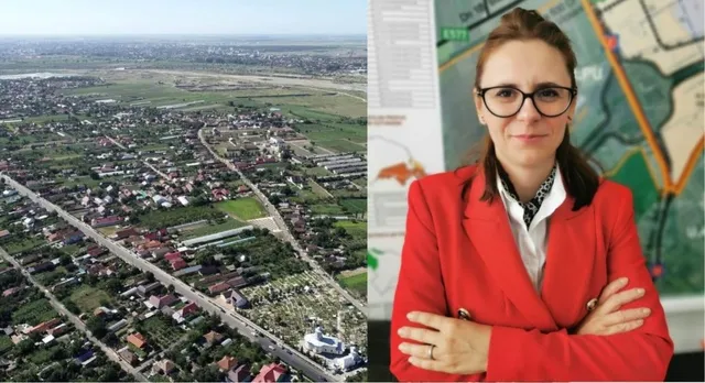 O femeie cu ochelari și sacou roșu stă cu brațele încrucișate în fața unui plan urban afișat pe perete.
