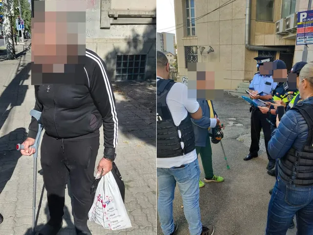 Imaginea două panouri: în stânga un bărbat în vârstă, cu o trepie și o pungă, pe un trotuar; în dreapta mai mulți bărbați, unul în uniformă de polițist, pe o stradă urbană.
