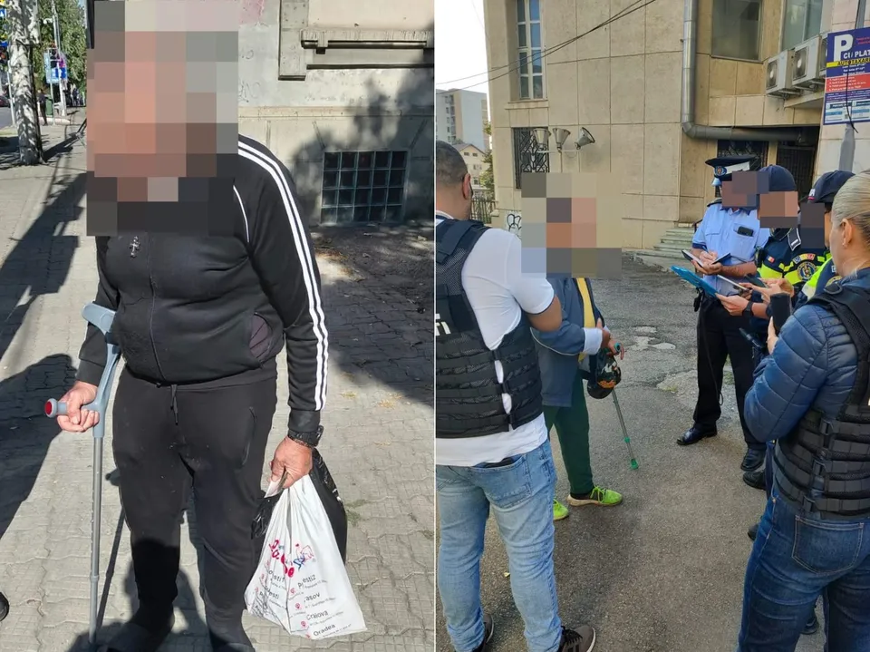 Imaginea două panouri: în stânga un bărbat în vârstă, cu o trepie și o pungă, pe un trotuar; în dreapta mai mulți bărbați, unul în uniformă de polițist, pe o stradă urbană.