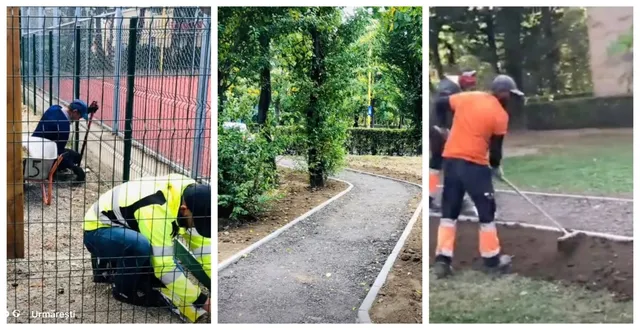 Un colaj de trei imagini prezintă lucrări de întreținere, un drum de pietriș într-un parc și un bărbat în haine portocalii folosind o lopată.