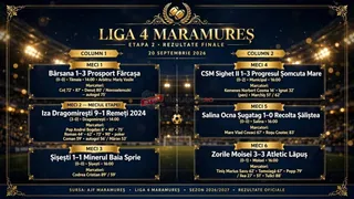 Un infografic cu fundal închis prezintă rezultatele unor meciuri de fotbal organizate în două coloane pe un teren de sport iluminat.