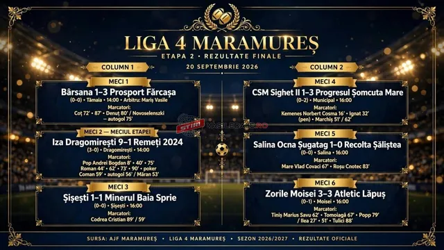 Un infografic cu fundal închis prezintă rezultatele unor meciuri de fotbal organizate în două coloane pe un teren de sport iluminat.