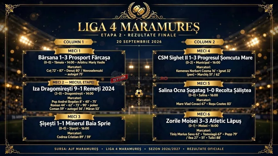 Un infografic cu fundal închis prezintă rezultatele unor meciuri de fotbal organizate în două coloane pe un teren de sport iluminat.