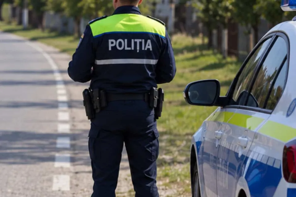 Un polițist stă cu spatele pe marginea unui drum lângă o mașină de serviciu albă cu marcaje galbene și albastre.