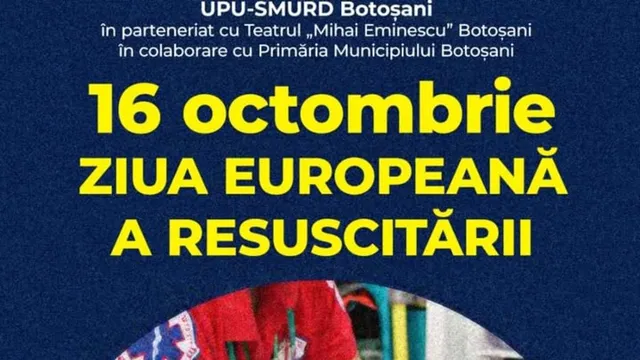 Textul galben pe un fundal albastru anunță data de șaisprezece octombrie și Ziua Europeană a Resuscitării sub un text alb de sus.