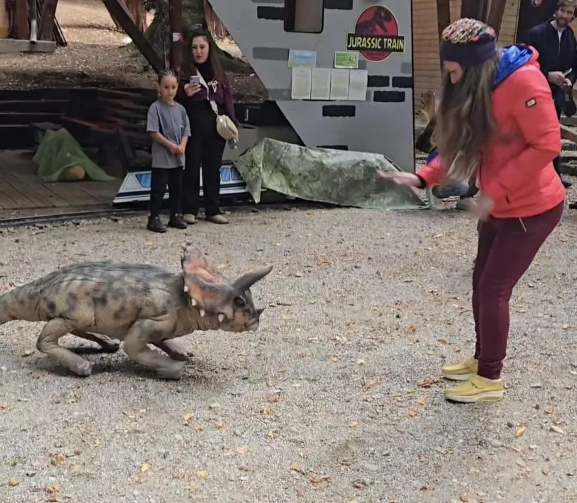 O femeie cu o jachetă roz și pantaloni vișiniu stă în picioare lângă o figură de dinozaur pe un teren de pietriș.