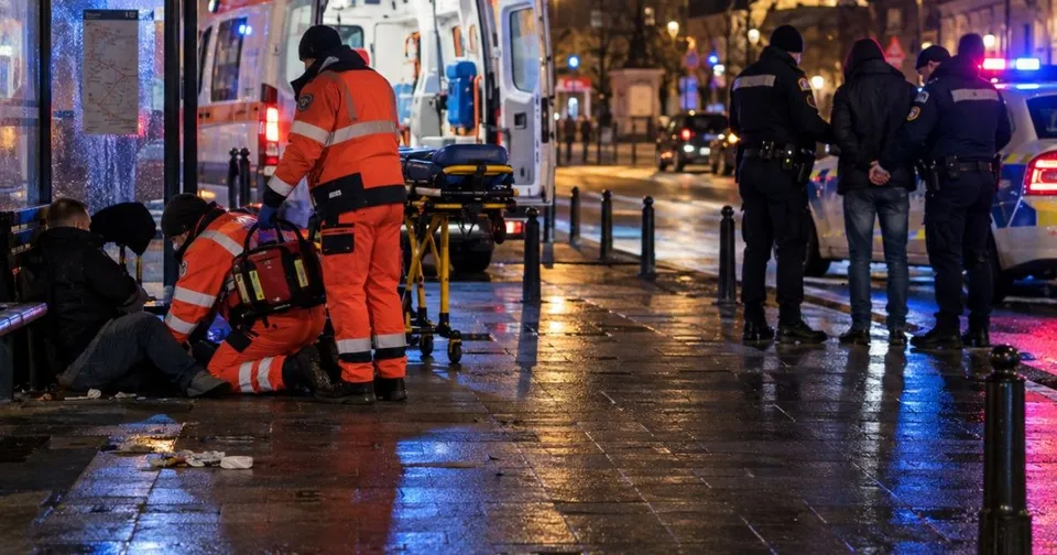 Două persoane în uniforme portocalii oferă asistență unei persoane întinse pe trotuar lângă un vehicul de urgență noaptea.
