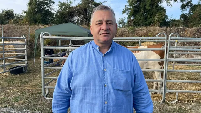 Un bărbat cu cămașă albastră stă în fața unor țarcuri metalice care conțin animale într-un câmp cu vegetație și copaci în fundal.