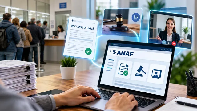 O persoană folosește un laptop pe care se afișează un site web, în timp ce elemente grafice digitale plutesc deasupra dispozitivului.