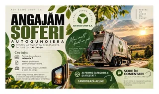 O afișă publicitară verde și albă cu un camion de gunoi pe un drum de țară la apus, prezentând cerințe și instrucțiuni de aplicare pentru angajarea de șoferi.