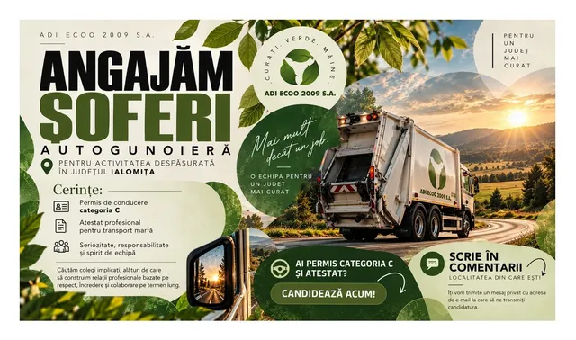 O afișă publicitară verde și albă cu un camion de gunoi pe un drum de țară la apus, prezentând cerințe și instrucțiuni de aplicare pentru angajarea de șoferi.