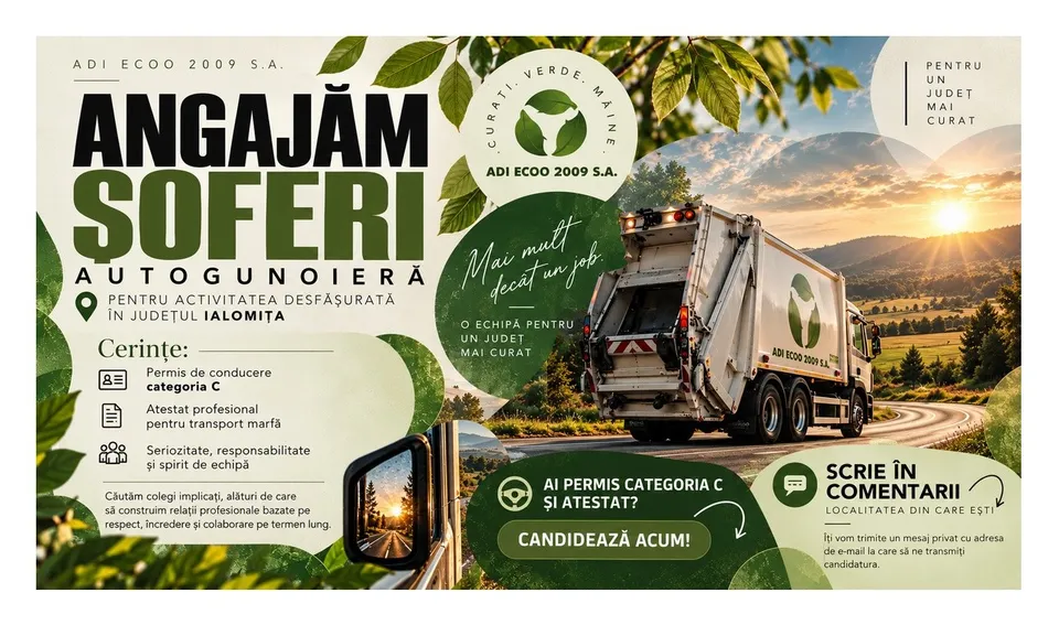 O afișă publicitară verde și albă cu un camion de gunoi pe un drum de țară la apus, prezentând cerințe și instrucțiuni de aplicare pentru angajarea de șoferi.