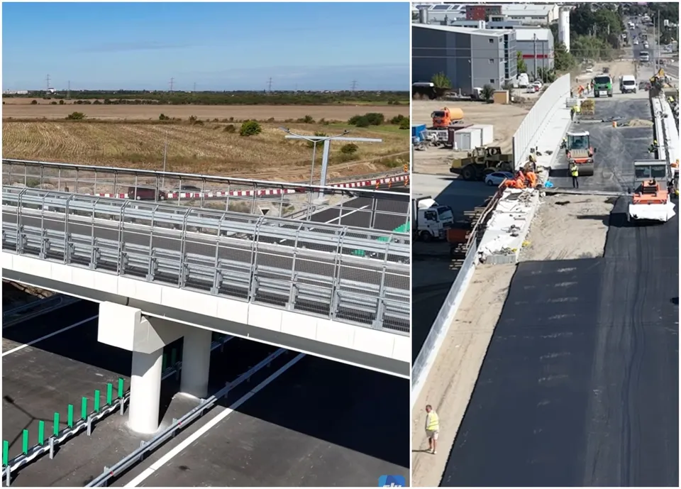 Imagine compusă cu o pod de beton susținut de piloni albi și o porțiune de drum aflat în curs de asfaltare cu utilaje de construcții.