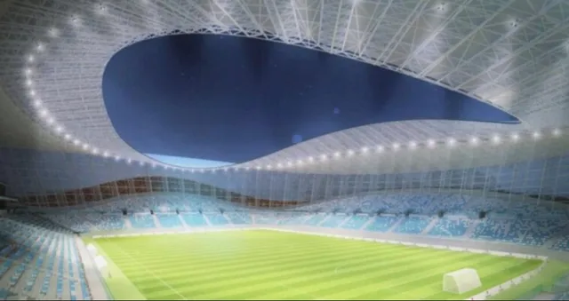 O reprezentare digitală a interiorului unui stadion cu tribune de culoare albastră și un teren de fotbal verde sub o structură de acoperiș curbată.