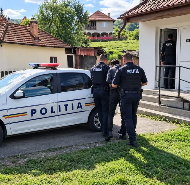 Trei polițiști în uniformă neagră stau lângă o mașină de poliție albă lângă o clădire cu o intrare cu trepte.