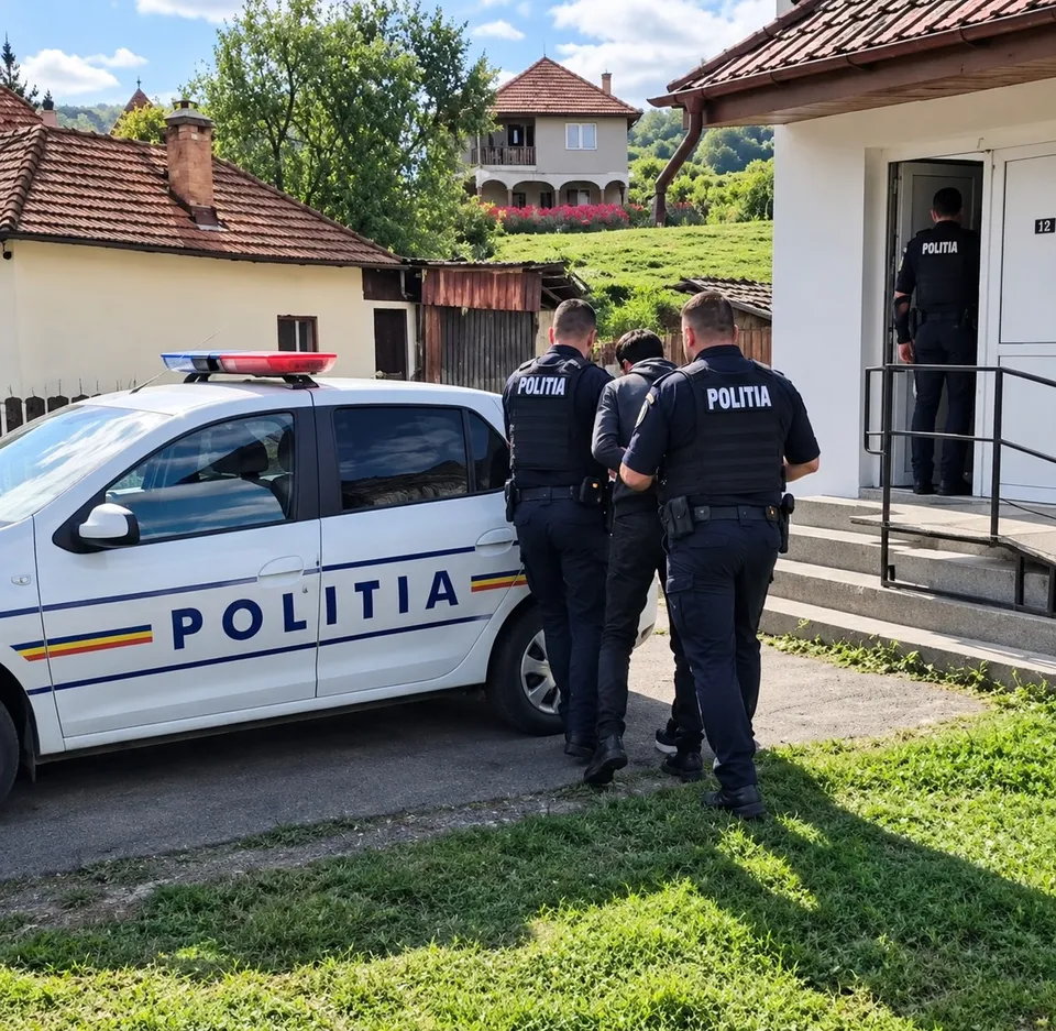 Trei polițiști în uniformă neagră stau lângă o mașină de poliție albă lângă o clădire cu o intrare cu trepte.