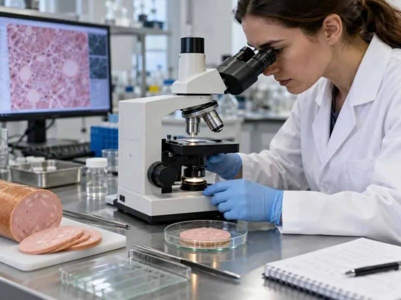 O femeie cu halat alb și mănuși albastre privește printr-un microscop pe o masă de laborator lângă felii de parizer și un monitor.