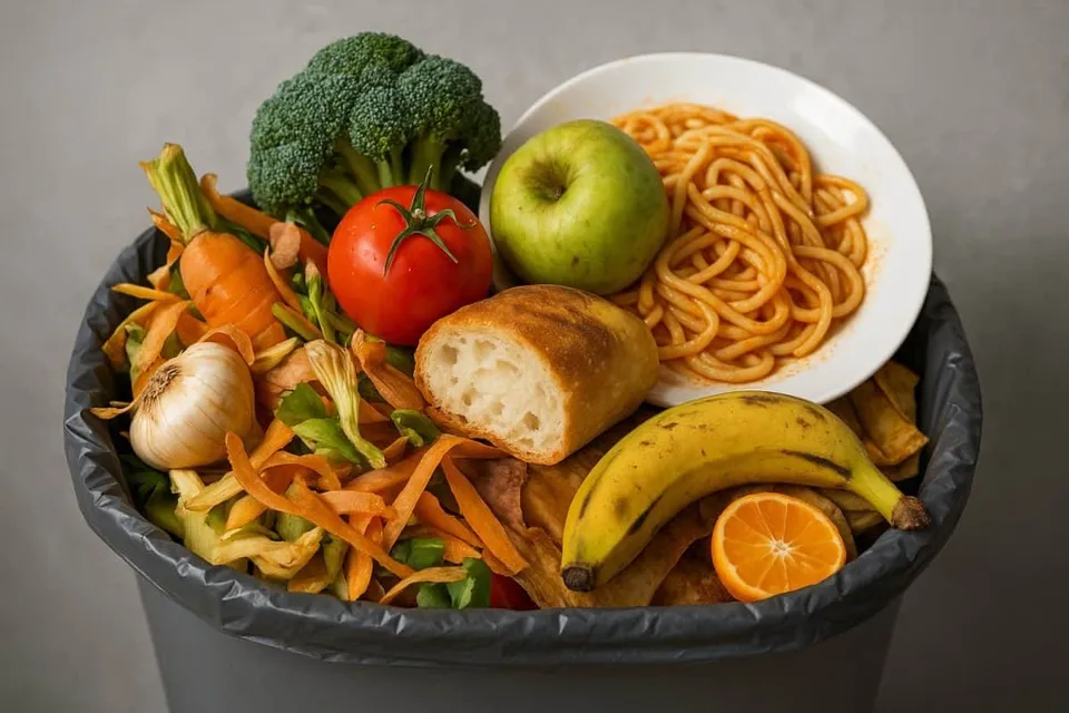 Un coș de gunoi gri conține legume, fructe, pâine și un bol cu paste lângă resturi alimentare pe un fundal gri.