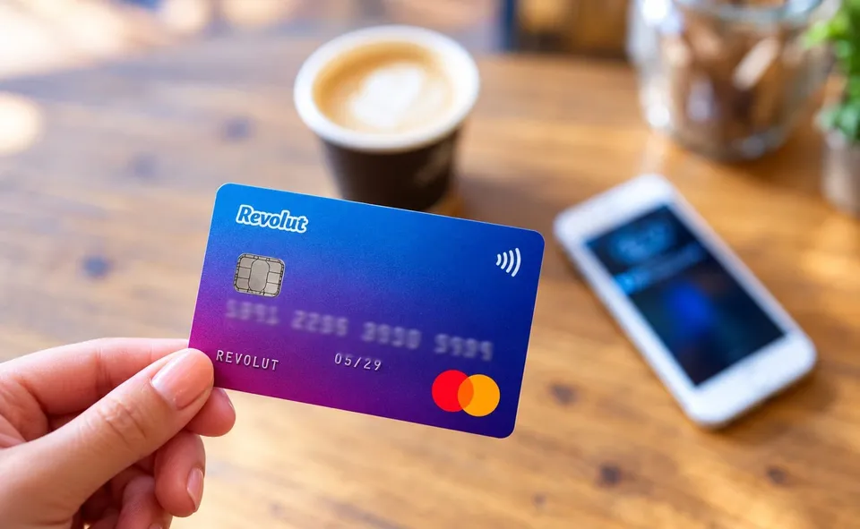 O mână ține un card bancar albastru cu logo-ul Revolut deasupra unei mese de lemn lângă o cafea și un telefon mobil.