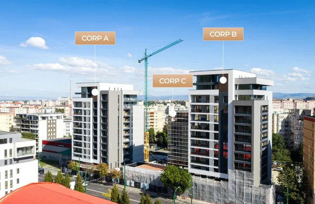 O perspectivă aeriană a unei zone urbane cu două clădiri moderne etichetate Corp A și Corp B, înconjurate de un peisaj cityscape.