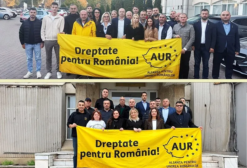 Un grup de oameni stă în fața unei clădiri ținând un banner galben pe care scrie text negru și un logo.
