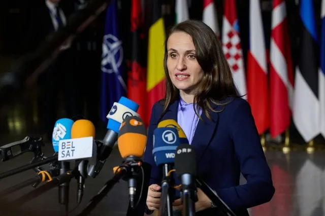 O femeie cu părul lung și sacou albastru stă în fața mai multor microfoane și a unor steaguri colorate.