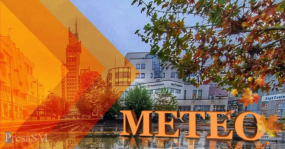 Un text mare cu litere portocalii este plasat pe un fundal cu clădiri urbane și ramuri de copaci cu frunze colorate de toamnă.
