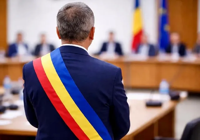 Un bărbat cu spatele la cameră poartă un costum închis și o bandă tricoloră pe umăr, stând în fața unei mese cu persoane desfocate în fundal.