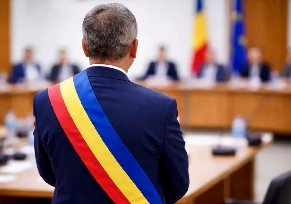 Un bărbat cu spatele la cameră poartă un costum închis și o bandă tricoloră pe umăr, stând în fața unei mese cu persoane desfocate în fundal.