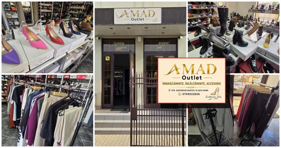 Un colaj de fotografii prezintă rafturi cu încălțăminte colorată, haine suspendate pe umerașe și intrarea unui magazin cu un afiș de tip outlet.