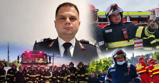 Un colaj de imagini cu pompieri, incluzând un portret al unui bărbat în uniformă, un grup de pompieri în fața unei autospeciale și pompieri în acțiune.