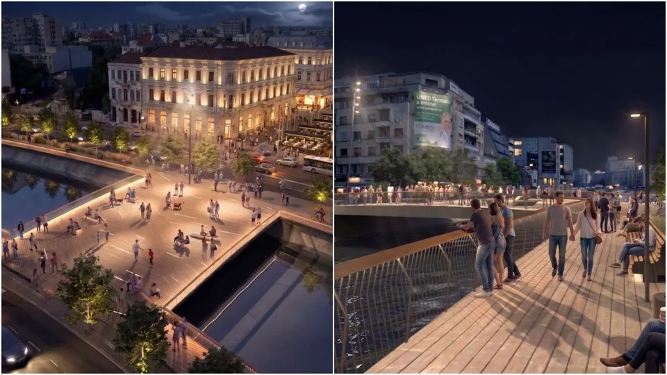 Două ilustrații digitale prezintă o zonă urbană iluminată noaptea cu oameni care merg pe alei și pe un pod de lemn de lângă un canal.