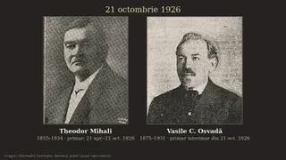 Două portrete de bărbați în costume, prezentate în cadre individuale pe un fundal închis, cu text alb sub fiecare imagine.