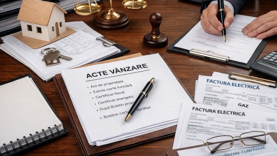 O mână ține un stilou deasupra unui document, lângă o machetă de casă, chei, o ștampilă, o balanță și facturi pe o masă de lemn.