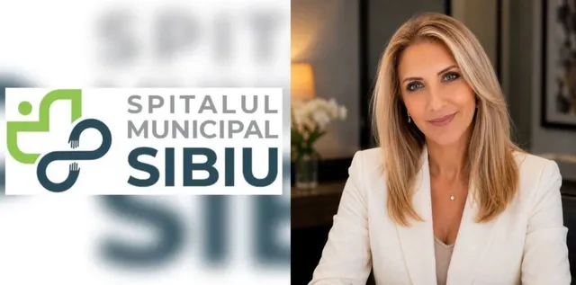 O femeie cu părul blond și bluză albă este prezentată lângă un logo care conține textul Spitalul Municipal Sibiu.