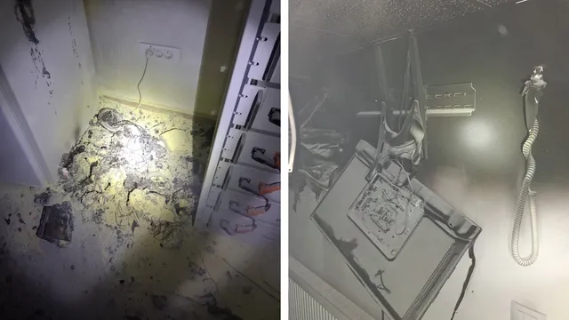 Două imagini cu lumină slabă arătând un colț al unei camere cu deșeuri pe podea, un panou electric cu prize și cabluri expuse, precum și o cablatură electrică tensionată lângă un perete.