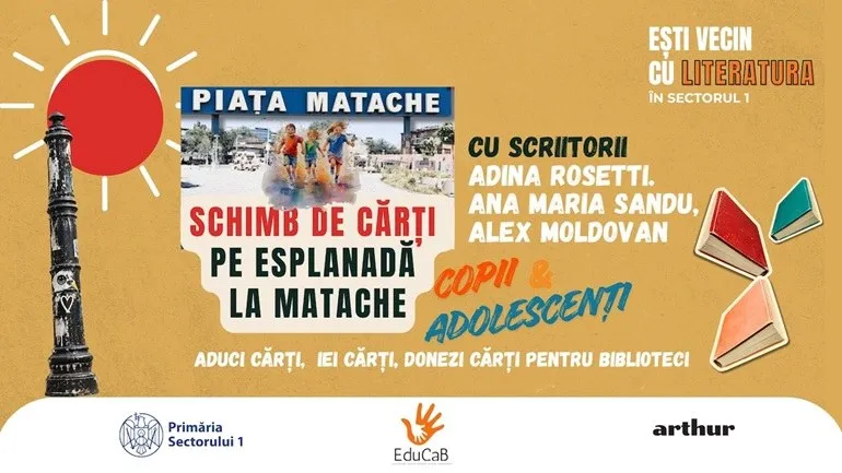Un afiș pe fundal galben prezintă un soare roșu, o coloană neagră, imagini cu copii, cărți colorate și diverse texte și logo-uri.