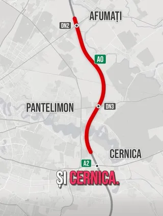 O hartă schematică afișează traseul autostrăzii A0 în roșu, cu puncte de legătură către DN2, A2 și DN1, alături de numele localități precum Afumați, Pantelimon și Cernica.