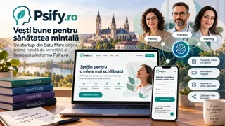 Un laptop și un telefon mobil afișează un site web, lângă o stivă de cărți și o cană pe o masă de lemn.