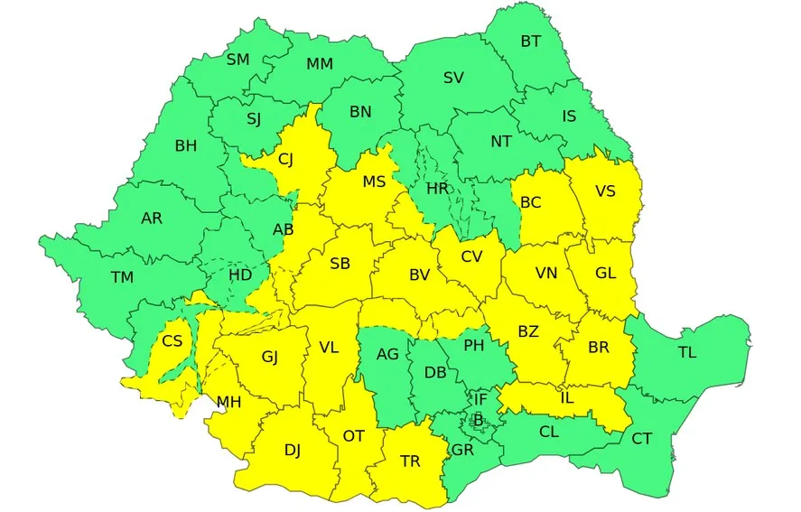 O hartă a unei țări împărțită în regiuni colorate în verde și galben, fiecare fiind marcată cu abrevieri de litere negre.