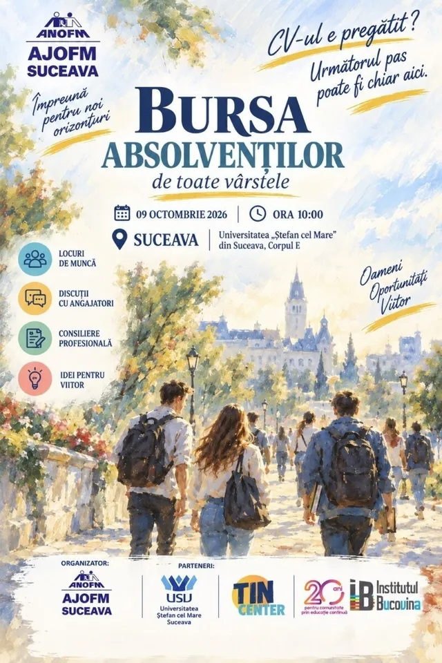 Un afiș informativ prezintă un desen cu studenți mergând pe o stradă spre o clădire universitară sub un cer senin.