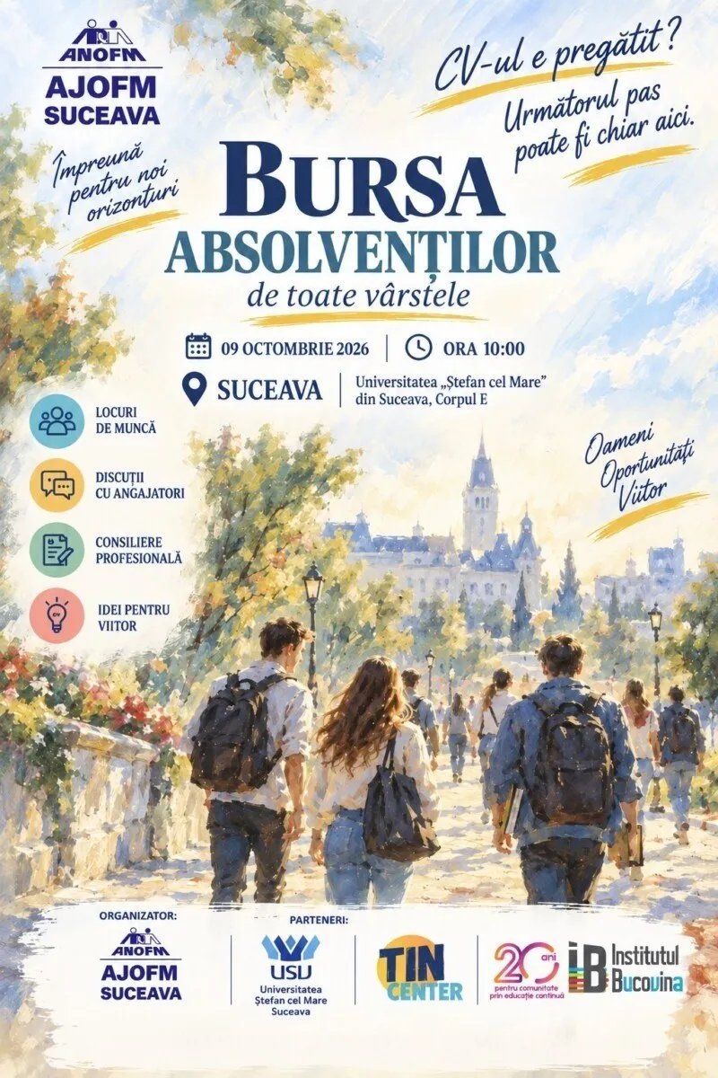 Un afiș informativ prezintă un desen cu studenți mergând pe o stradă spre o clădire universitară sub un cer senin.
