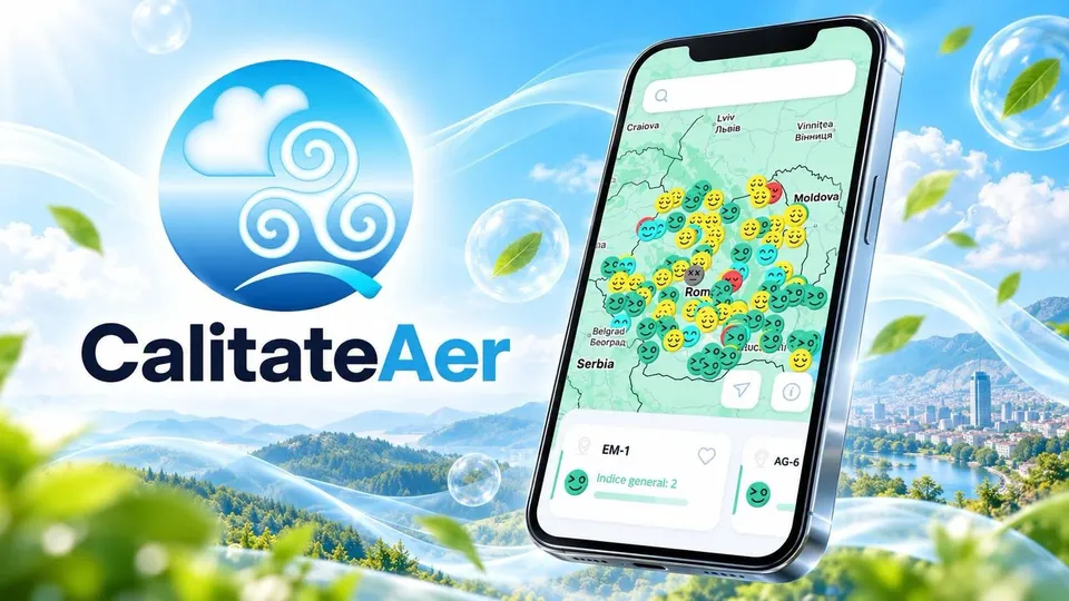 Un smartphone afișează o hartă cu pictograme colorate pe un fundal de peisaj montan cu vegetație și cer albastru.