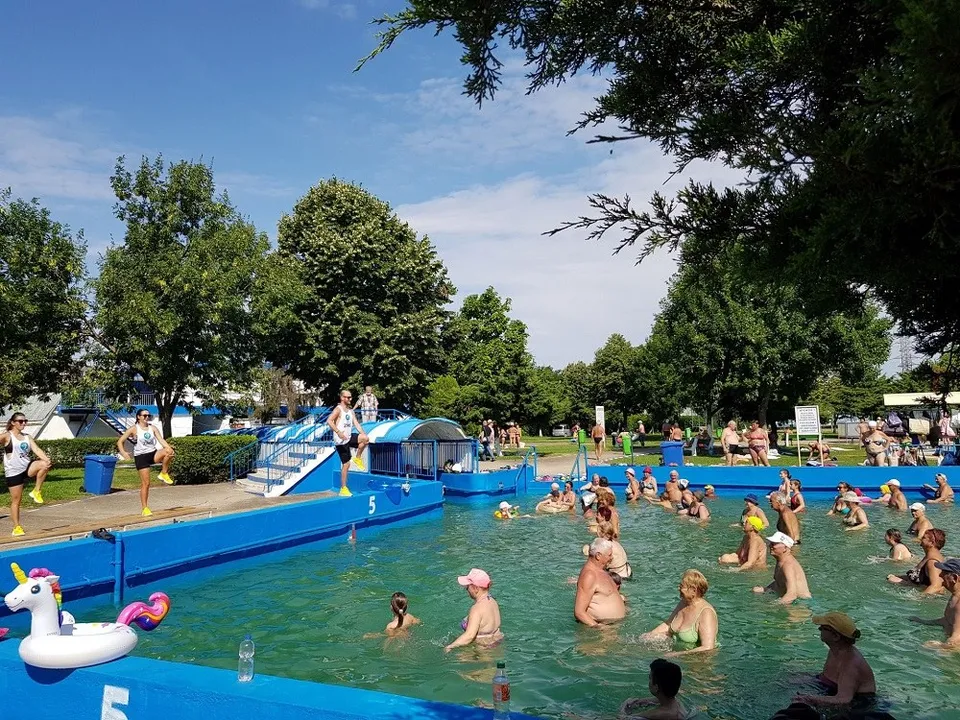 Oamenii înoată într-o piscină cu apă albastră, lângă margini de plastic albastru, sub copaci verzi și un cer senin.