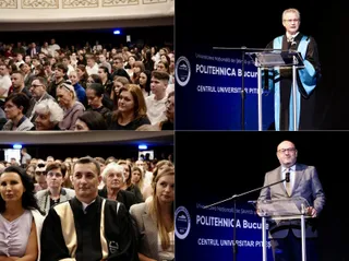 Un bărbat în robă academică stă la un podium, în timp ce o mulțime de oameni stă în sală și un alt bărbat vorbește de pe scenă.